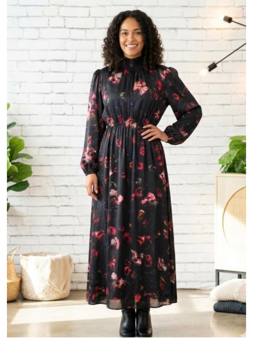 Women’s The Drop Dress size Medium Black Floral Print Mock Neck Maxi Dress Boho